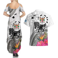 Fiji Iguana Couples Matching Summer Maxi Dress and Hawaiian Shirt Tapa Tribal Tattoo and Hibiscus