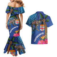 Fiji and Australia Together Couples Matching Mermaid Dress and Hawaiian Shirt Aboriginal Kangaroo and Tapa Tribal Hibiscus LT03 - Polynesian Pride