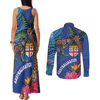 Fiji and Australia Together Couples Matching Tank Maxi Dress and Long Sleeve Button Shirt Aboriginal Kangaroo and Tapa Tribal Hibiscus