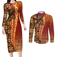 Samoan Pacific Tribal Flower Geometric Art Tattoos Couples Matching Long Sleeve Bodycon Dress and Long Sleeve Button Shirt Siapo Pattern Flame Sunset - Polynesian Pride