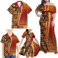 Samoan Pacific Tribal Flower Geometric Art Tattoos Family Matching Off Shoulder Maxi Dress and Hawaiian Shirt Siapo Pattern Flame Sunset - Polynesian Pride