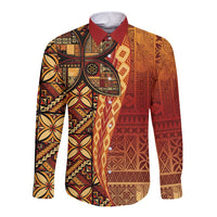 Samoan Pacific Tribal Flower Geometric Art Tattoos Long Sleeve Button Shirt Siapo Pattern Flame Sunset - Polynesian Pride
