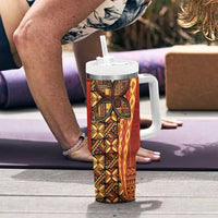 Samoan Pacific Tribal Flower Geometric Art Tattoos Tumbler With Handle Siapo Pattern Flame Sunset - Polynesian Pride