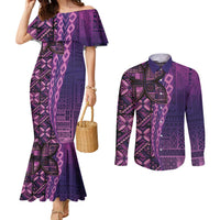 Samoan Pacific Tribal Flower Geometric Art Tattoos Couples Matching Mermaid Dress and Long Sleeve Button Shirt Siapo Pattern Purple Haze - Polynesian Pride