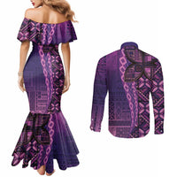 Samoan Pacific Tribal Flower Geometric Art Tattoos Couples Matching Mermaid Dress and Long Sleeve Button Shirt Siapo Pattern Purple Haze - Polynesian Pride