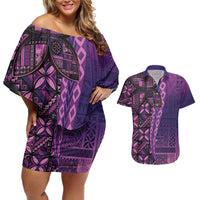 Samoan Pacific Tribal Flower Geometric Art Tattoos Couples Matching Off Shoulder Short Dress and Hawaiian Shirt Siapo Pattern Purple Haze - Polynesian Pride