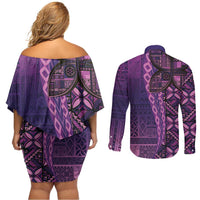 Samoan Pacific Tribal Flower Geometric Art Tattoos Couples Matching Off Shoulder Short Dress and Long Sleeve Button Shirt Siapo Pattern Purple Haze - Polynesian Pride