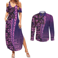 Samoan Pacific Tribal Flower Geometric Art Tattoos Couples Matching Summer Maxi Dress and Long Sleeve Button Shirt Siapo Pattern Purple Haze - Polynesian Pride