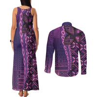 Samoan Pacific Tribal Flower Geometric Art Tattoos Couples Matching Tank Maxi Dress and Long Sleeve Button Shirt Siapo Pattern Purple Haze - Polynesian Pride