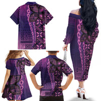 Samoan Pacific Tribal Flower Geometric Art Tattoos Family Matching Off The Shoulder Long Sleeve Dress and Hawaiian Shirt Siapo Pattern Purple Haze - Polynesian Pride
