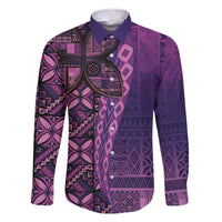 Samoan Pacific Tribal Flower Geometric Art Tattoos Family Matching Off The Shoulder Long Sleeve Dress and Hawaiian Shirt Siapo Pattern Purple Haze - Polynesian Pride
