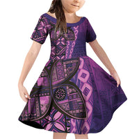 Samoan Pacific Tribal Flower Geometric Art Tattoos Family Matching Off Shoulder Short Dress and Hawaiian Shirt Siapo Pattern Purple Haze - Polynesian Pride