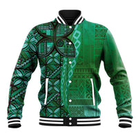 Samoan Pacific Tribal Flower Geometric Art Tattoos Baseball Jacket Siapo Pattern Emerald Glow - Polynesian Pride