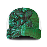 Samoan Pacific Tribal Flower Geometric Art Tattoos Baseball Net Cap Siapo Pattern Emerald Glow - Polynesian Pride