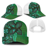 Samoan Pacific Tribal Flower Geometric Art Tattoos Baseball Net Cap Siapo Pattern Emerald Glow - Polynesian Pride