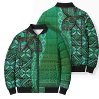 Samoan Pacific Tribal Flower Geometric Art Tattoos Bomber Puffer Jacket Siapo Pattern Emerald Glow - Polynesian Pride