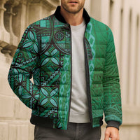 Samoan Pacific Tribal Flower Geometric Art Tattoos Bomber Puffer Jacket Siapo Pattern Emerald Glow - Polynesian Pride