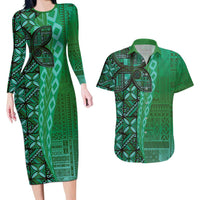 Samoan Pacific Tribal Flower Geometric Art Tattoos Couples Matching Long Sleeve Bodycon Dress and Hawaiian Shirt Siapo Pattern Emerald Glow - Polynesian Pride