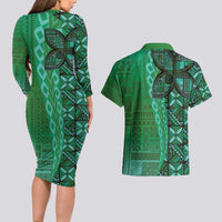 Samoan Pacific Tribal Flower Geometric Art Tattoos Couples Matching Long Sleeve Bodycon Dress and Hawaiian Shirt Siapo Pattern Emerald Glow - Polynesian Pride