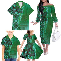 Samoan Pacific Tribal Flower Geometric Art Tattoos Family Matching Off The Shoulder Long Sleeve Dress and Hawaiian Shirt Siapo Pattern Emerald Glow - Polynesian Pride