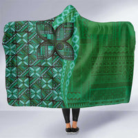 Samoan Pacific Tribal Flower Geometric Art Tattoos Hooded Blanket Siapo Pattern Emerald Glow - Polynesian Pride