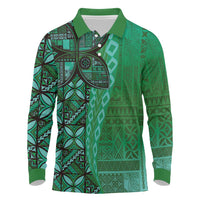 Samoan Pacific Tribal Flower Geometric Art Tattoos Long Sleeve Polo Shirt Siapo Pattern Emerald Glow - Polynesian Pride