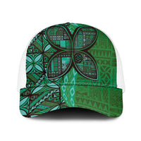 Samoan Pacific Tribal Flower Geometric Art Tattoos Mesh Trucker Cap Siapo Pattern Emerald Glow - Polynesian Pride