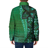 Samoan Pacific Tribal Flower Geometric Art Tattoos Padded Jacket Siapo Pattern Emerald Glow - Polynesian Pride