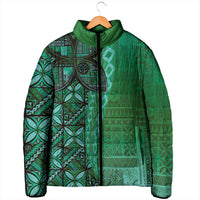 Samoan Pacific Tribal Flower Geometric Art Tattoos Padded Jacket Siapo Pattern Emerald Glow - Polynesian Pride