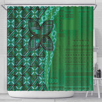 Samoan Pacific Tribal Flower Geometric Art Tattoos Shower Curtain Siapo Pattern Emerald Glow - Polynesian Pride
