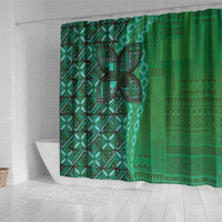 Samoan Pacific Tribal Flower Geometric Art Tattoos Shower Curtain Siapo Pattern Emerald Glow - Polynesian Pride