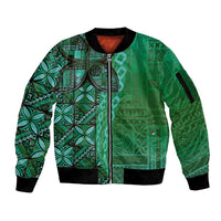 Samoan Pacific Tribal Flower Geometric Art Tattoos Sleeve Zip Bomber Jacket Siapo Pattern Emerald Glow - Polynesian Pride