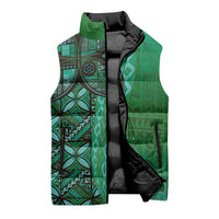 Samoan Pacific Tribal Flower Geometric Art Tattoos Sleeveless Puffer Jacket Siapo Pattern Emerald Glow - Polynesian Pride