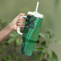 Samoan Pacific Tribal Flower Geometric Art Tattoos Tumbler With Handle Siapo Pattern Emerald Glow - Polynesian Pride