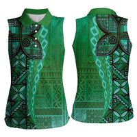Samoan Pacific Tribal Flower Geometric Art Tattoos Women Sleeveless Polo Shirt Siapo Pattern Emerald Glow - Polynesian Pride