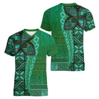 Samoan Pacific Tribal Flower Geometric Art Tattoos Women V-Neck T-Shirt Siapo Pattern Emerald Glow - Polynesian Pride