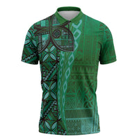 Samoan Pacific Tribal Flower Geometric Art Tattoos Zipper Polo Shirt Siapo Pattern Emerald Glow - Polynesian Pride