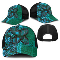 Samoan Pacific Tribal Flower Geometric Art Tattoos Baseball Net Cap Siapo Pattern Turquoise Tide - Polynesian Pride