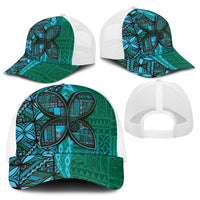Samoan Pacific Tribal Flower Geometric Art Tattoos Baseball Net Cap Siapo Pattern Turquoise Tide - Polynesian Pride