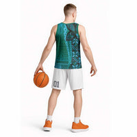 Samoan Pacific Tribal Flower Geometric Art Tattoos Basketball Jersey Siapo Pattern Turquoise Tide - Polynesian Pride