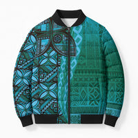 Samoan Pacific Tribal Flower Geometric Art Tattoos Bomber Puffer Jacket Siapo Pattern Turquoise Tide - Polynesian Pride