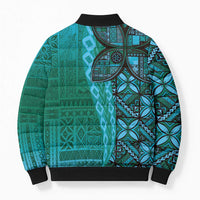 Samoan Pacific Tribal Flower Geometric Art Tattoos Bomber Puffer Jacket Siapo Pattern Turquoise Tide - Polynesian Pride