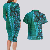 Samoan Pacific Tribal Flower Geometric Art Tattoos Couples Matching Long Sleeve Bodycon Dress and Hawaiian Shirt Siapo Pattern Turquoise Tide - Polynesian Pride