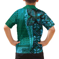 Samoan Pacific Tribal Flower Geometric Art Tattoos Family Matching Long Sleeve Bodycon Dress and Hawaiian Shirt Siapo Pattern Turquoise Tide - Polynesian Pride