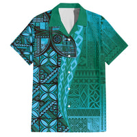 Samoan Pacific Tribal Flower Geometric Art Tattoos Family Matching Off The Shoulder Long Sleeve Dress and Hawaiian Shirt Siapo Pattern Turquoise Tide - Polynesian Pride
