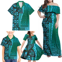 Samoan Pacific Tribal Flower Geometric Art Tattoos Family Matching Off Shoulder Maxi Dress and Hawaiian Shirt Siapo Pattern Turquoise Tide - Polynesian Pride