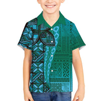 Samoan Pacific Tribal Flower Geometric Art Tattoos Family Matching Puletasi and Hawaiian Shirt Siapo Pattern Turquoise Tide LT03 Son's Shirt Turquoise - Polynesian Pride