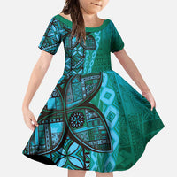 Samoan Pacific Tribal Flower Geometric Art Tattoos Family Matching Summer Maxi Dress and Hawaiian Shirt Siapo Pattern Turquoise Tide LT03 Daughter's Dress Turquoise - Polynesian Pride