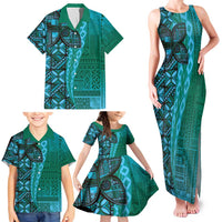 Samoan Pacific Tribal Flower Geometric Art Tattoos Family Matching Tank Maxi Dress and Hawaiian Shirt Siapo Pattern Turquoise Tide - Polynesian Pride