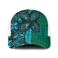 Samoan Pacific Tribal Flower Geometric Art Tattoos Mesh Trucker Cap Siapo Pattern Turquoise Tide - Polynesian Pride
